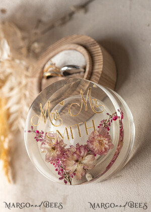 Epoxy Wedding rings Box epoxy resin and wood wedding ring box for ceremony, Boho Epoxy Wedding Ring Boxes his hers, Transparent Epoxy dubble Ring Box for wedding, Wood resin flowers Marriage Proposal Ring Box