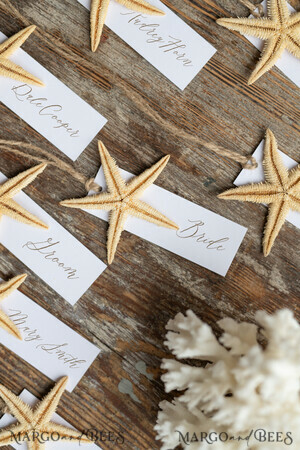Strand-/Marin-/Destination Hochzeits Thema Elegante Marine-Hochzeitsplatzkarten mit einem Seestern und Jute-Schnur, minimalistische Namensschilder für Ihre Hochzeitstische, romantische Hochzeitsplatzschilder, bearbeitbarer Text