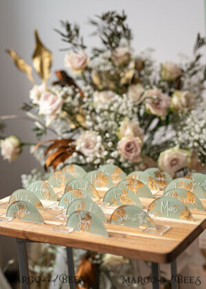 Acrylic Gold Clear / Wood 3D Acrylic Arch Sage Green Flat Place Card with stand, Painted Acrylic & Gold Flat Place Card, Greenery Gold Plexi Flat Place Card, Garden Luxury Wedding Table Decor