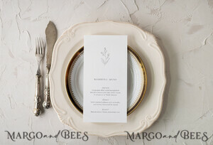 romantisch Minimalistische weiße Hochzeitsmenüs, elegante moderne Hochzeitsmenü-Karten, ästhetisches Hochzeitsdinner-Menü, modernes Hochzeitsmenü, zartes Klassik, elegantes Hochzeitsmenü.