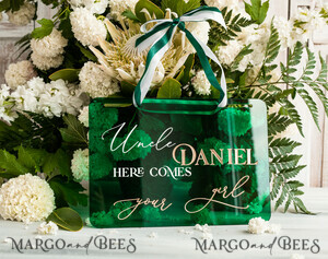 acrylic flower girl / page boy signs Personalised Arch acrylic wedding Page Boy sign, Green Gold acrylic Page boy sign, Emerald Green acrylic flower girl sign, flower girl wedding day sign,