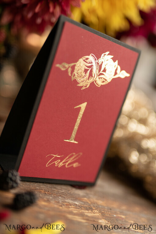 TABLE DECOR SIGNS romantic Elegant Burgundy And Black Wedding table numbers, Handmade Golden Shine Wedding Cards, Golden Floral Boho Table Décor, Custom Glamour Maroon Wedding Table Sign