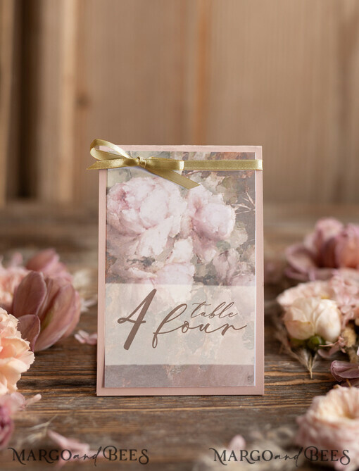 TABLE DECOR SIGNS romantisch Florale Boho Klassische Tischnummer, Goldband Luxuriöse Romantische Hochzeits Tischnummer, Elegante Vintage Ölmalerei Blumen, Handgemachte Wunderschöne Blush Tischnummer