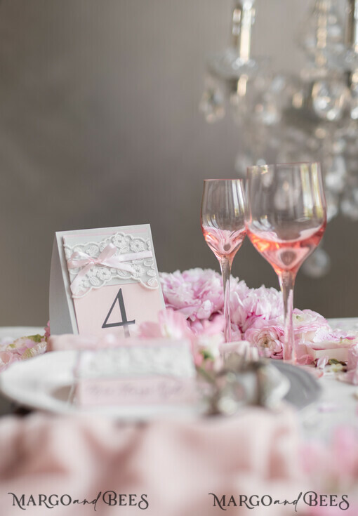 TABLE DECOR SIGNS romantic Romantic Rustic Wedding Table Number with Pink Ribbon, Vintage Lace Custom Table Cards, Light Grey and Blush Pink Shabby Chic Wedding Table Décor, Editable Text