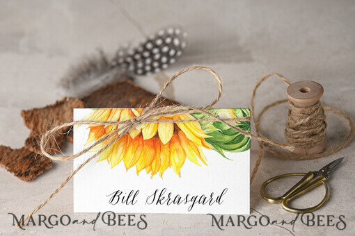 PLACE CARDS / TABLE CARDS Boho Elegance Bold Line Sunflower White Wedding Place Cards with Natural Burlap Twine, Elegant Yellow Floral Graphic, Modern Design Wedding Name Tags, Unique Custom Wedding Stationery