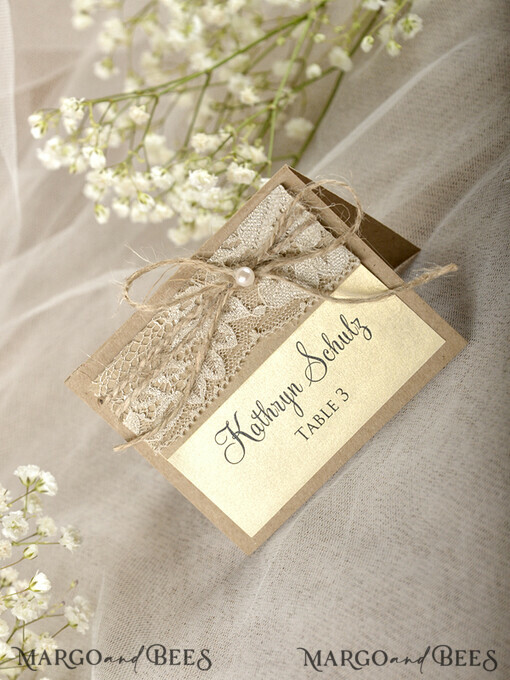 PLACE CARDS / TABLE CARDS Rustic Eco Wedding Place cards Shimmer Ecru Eco Wedding Place Cards, Rustic Place Cards, Lace and Burlap Twine Wedding Name Cards with Pearl Decor, Eco Rustic Name Tags,  Editable Text