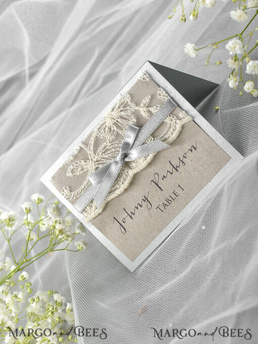 PLACE CARDS / TABLE CARDS Rustic Eco Wedding Place cards Eco and Shimmer Grey Wedding Place Cards, Rustic Name Tags, Wedding Place Cards with Lace and Grey Ribbon, Custom Text, Rustic Wedding Place Cards, Escort Table