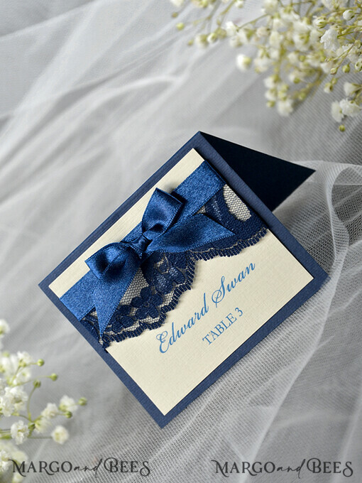 PLACE CARDS / TABLE CARDS Rustic Eco Wedding Place cards Elegant Ecru and Navy Blue Wedding Place Cards, Rustic Name Tags, Romantic Wedding Place Cards with Lace and Ecru Ribbon, Custom Text, Rustic Wedding Place Card