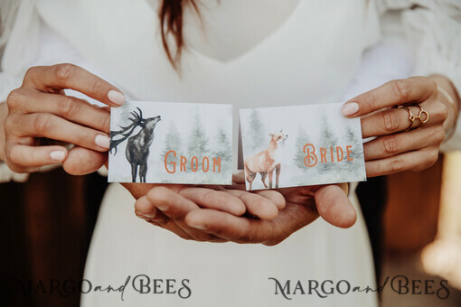 PLACE CARDS / TABLE CARDS Rustikale Eco-Hochzeitsplatzkarten Rustikale Hochzeitsplatzkarten, weißes Papier mit Tiergrafiken, einzigartige Hochzeitsnamensschilder, waldnaturthemen Platzkarten, Aquarellblumengrafiken, individueller Text.