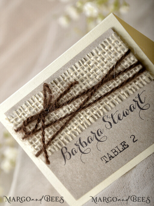 PLACE CARDS / TABLE CARDS Rustic Eco Wedding Place cards Rustic Eco Brown Wedding Place Cards, Ivory Fabric with Dark Twine, Elegant Black Printout, Delicate Wedding Stationery, Rustical Escort Cards, Editable Text