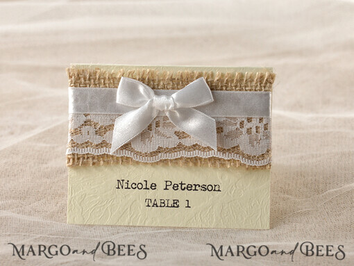 PLACE CARDS / TABLE CARDS Rustic Eco Wedding Place cards Delicate Ivory Wedding Place Card, Romantic Name Tags with Lace and White Ribbon, Elegant Wedding Stationery, Custom Wedding Escort Cards, Editable Text