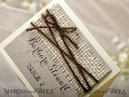 PLACE CARDS / TABLE CARDS Rustic Eco Wedding Place cards Rustic Eco Brown Wedding Place Cards, Ivory Burlap and Brown Twine, Black Printout, Delicate Wedding Stationery, Rustic Wedding Escort Card, Editable Text