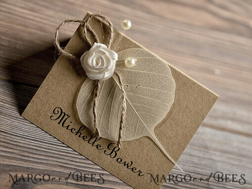PLACE CARDS / TABLE CARDS Rustic Eco Wedding Place cards Rustic Eco Brown Wedding Place Cards, Delicate Wedding Name Tag with White Rose Decor, Burlap Twine and Dried Leaf, Unique Eco Wedding Stationery, Editable Text