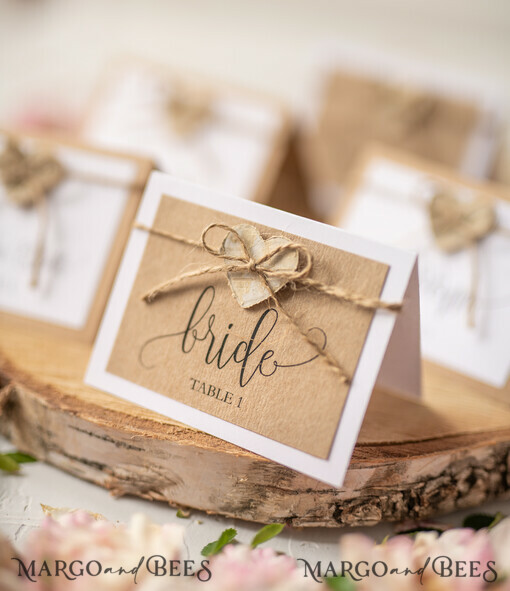 PLACE CARDS / TABLE CARDS Rustic Eco Wedding Place cards Minimalistic White Wedding Place Cards with Burlap Twine and Wooden Heart, Rustic Eco Brown with Black Printout, Delicate Wedding Name Tags, Editable Text