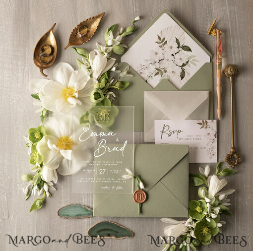 WEDDING INVITATIONS blumig / Boho / Aquarell Stilvolle Salbeigrüne Acrylhochzeits Einladung, Elegante Gefrorene Acrylgrüne Hochzeits Einladungen • Salbeigrüne Moderne Hochzeits Einladung Suite • Luxuriöse Grünpflanzen Hochzeitskarten