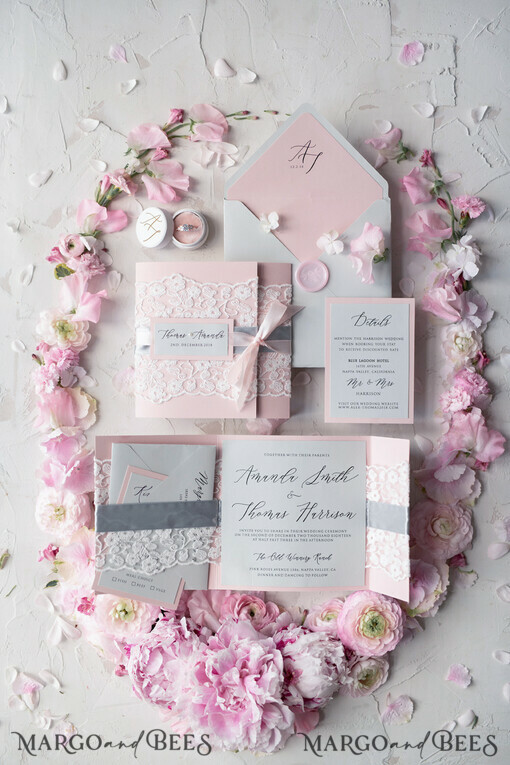 WEDDING INVITATIONS vintage lace/ rustic lace Elegant Vintage Lace Wedding Invitations Romantic Bespoke Grey Wedding Cards Glamour Pink Wedding Invitation Suite Pocket Wedding Invites