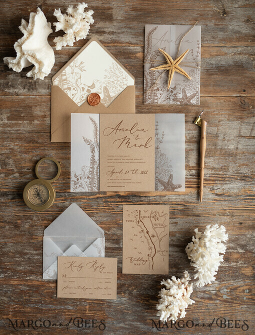 WEDDING INVITATIONS passport to love/ beach wedding invites  Beach  Wedding invitations Vellum wrapping Wedding Invites with starfish Rustic wedding Cards with wax seal