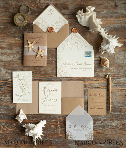 WEDDING INVITATIONS passport to love/ beach wedding invites  Beach  Wedding invitations Vellum bally band Wedding Invites with starfish Rustic Pocket Fold wedding Cards