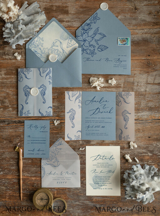 WEDDING INVITATIONS passport to love/ beach wedding invites  Beach dusty Blue  Wedding invitations Vellum wrapping Wedding Invites with Sea horses Wax seal wedding Cards