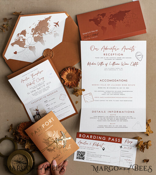 WEDDING INVITATIONS passport to love/ beach wedding invites  Gold terracotta Passport Wedding Invitation, Burnt Orange Gold Wedding Cards Boarding Pass, Travel Passport Wedding Invitations Abroad, Destination Wedding Invites, Travel Map Wedding Stationary