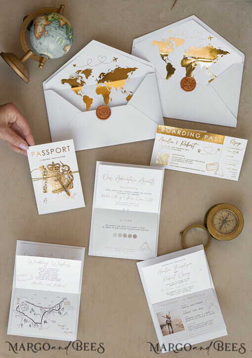 WEDDING INVITATIONS passport to love/ beach wedding invites  White Golden Passport Wedding Invitation, Golden Plane Wedding Cards  Boarding Pass,  Travel Passport Wedding Invitations  Abroad, Destination Wedding Invites, Travel Map Wedding Stationary, boarding pass invitations