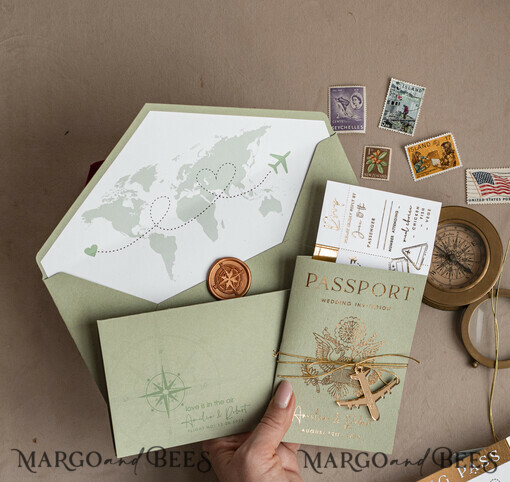 WEDDING INVITATIONS passport to love/ beach wedding invites  Gold Sage green Passport Wedding Invitation, Golden Wedding Cards Boarding Pass, Greenry Travel Passport Wedding Invitations Abroad, Destination Greece Wedding Invites, Tuscany Travel Map Wedding Stationary Italy World map