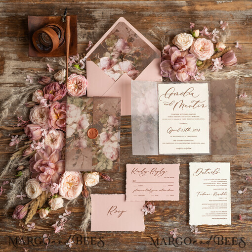 WEDDING INVITATIONS Elegant Invites Classic Cards  Elegant Vintage Wedding Invitations, Romantic Blush Pink Wedding Invites, Luxury Oil Paint Wedding Cards, Handmade Vellum Wedding Invitation Suite
