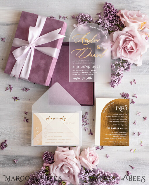 WEDDING INVITATIONS Elegant Invites Classic Cards  Luxury Mauve Velvet Box Wedding Invitations, Elegant Acrylic Wedding Invites With Gold Bow, Glamour Golden Shine Wedding Cards, Handmade Wedding Stationery