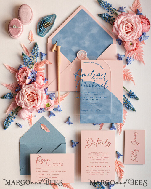 WEDDING INVITATIONS Elegant Invites Classic Cards Luxury Arch Acrylic Wedding Invitations, Velvet Pocket Dusty blue Modern Wedding Cards, blush pink, Plexi Wedding Invitation Suite,  Arch Modern Wedding Invites, Elegant  Velvet Wedding Stationery  Ice blue and pink