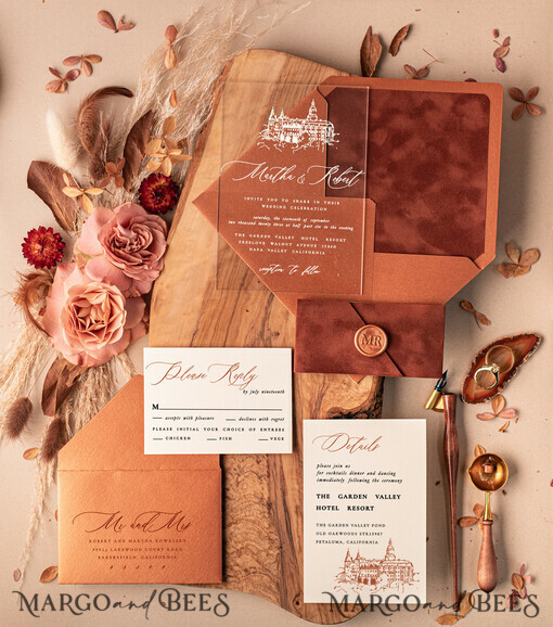 WEDDING INVITATIONS Elegant Invites Classic Cards Luxury Acrylic Wedding invitations UK, Elegant Velvet wedding invitation Suite • Terracotta  Velvet Wedding Invitations • Velvet wedding Stationery