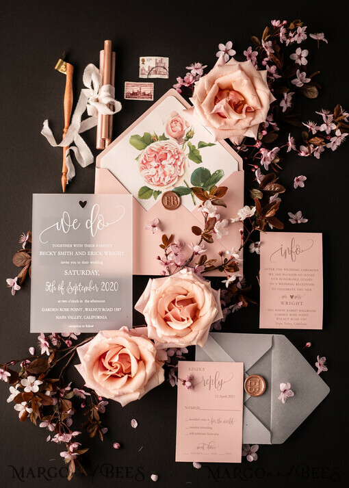 WEDDING INVITATIONS Elegante Einladungen Klassische Karten Luxus Gefrorene Acryl Plexi Hochzeits Einladungen, Romantische Blush Pink Hochzeits Einladungen, Elegante Pfingstrose Hochzeitskarten, Minimalistische Hochzeitsstationery