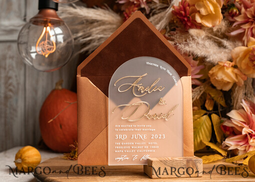WEDDING INVITATIONS gold / rose gold / silver / glitter Fall Terracotta Modern Arch 3d Wedding Invitation Suite, Bespoke Frozen Acrylic Gold  wedding invitation set, Luxury Velvet Wedding Invitations Frosted Plexi Glass golden Names, Glamour Wedding Invitation Suite, 3D Gold mirror fall copper invites , Wedding Cards