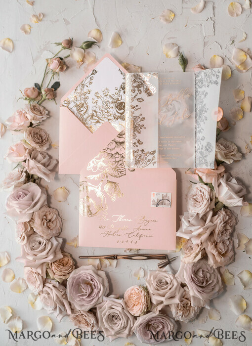 WEDDING INVITATIONS gold / rose gold / silver / glitter  Luxury Plexi Acrylic Wedding Invitations, Elegant Blush Pink Wedding Cards, Glamour Gold Foil Wedding Invites, Bespoke White Vellum Wedding Invitation Suite