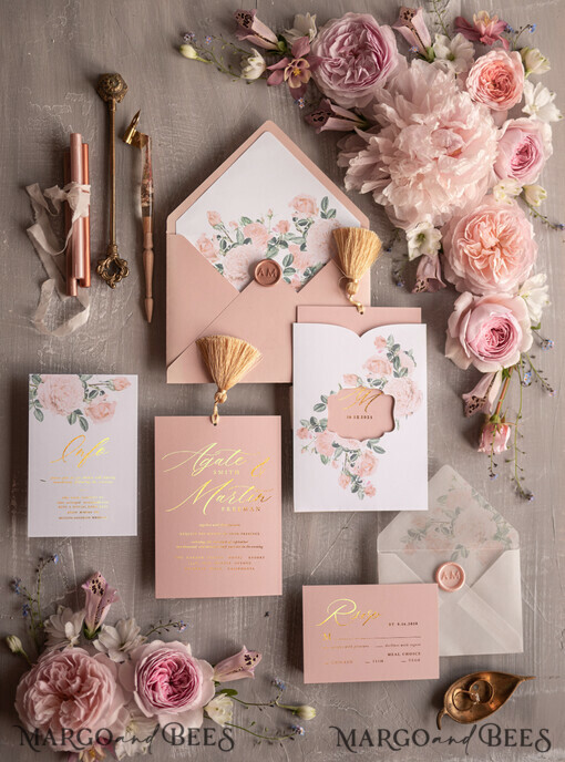 WEDDING INVITATIONS Gold / Roségold / Silber / Glitzer Glamour Golden Shine Hochzeitseinladungsset, romantische blassrosa Hochzeitseinladungen, luxuriöse arabische Hochzeitskarten mit goldenen Quasten, elegante florale Hochzeitseinladungen.