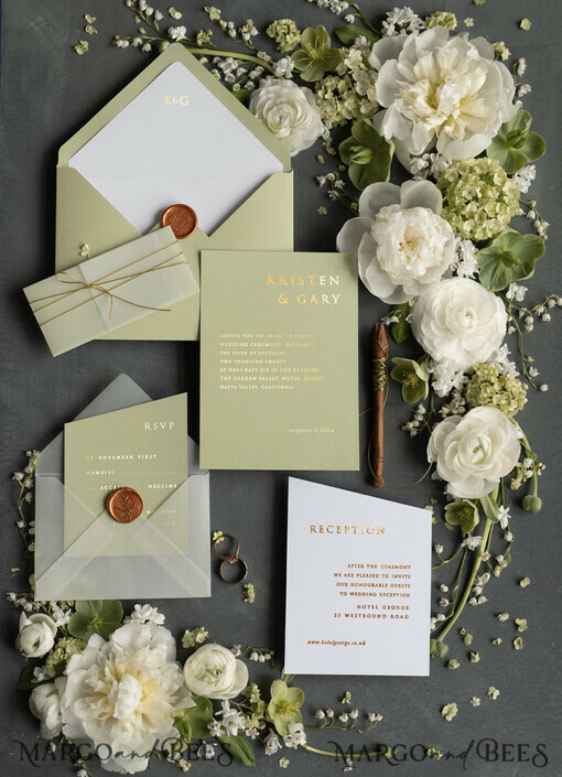 WEDDING INVITATIONS gold / rose gold / silver / glitter Luxury Gold Foil Wedding Invites, Elegant Sage Green Wedding Invites, Glamour Golden Shine Wedding Invitation Suite, Geometric Wedding Cards