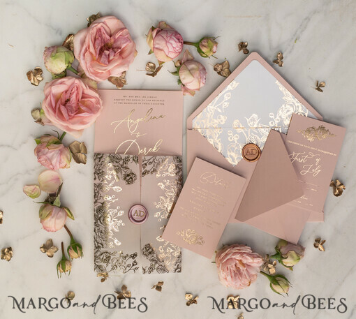 WEDDING INVITATIONS gold / rose gold / silver / glitter Luxurious Golden Wedding Invitations, Bespoke Blush Pink Wedding Invitation Suite, Elegant Vellum Gold Foil Wedding Cards, Glamour Wedding Invites