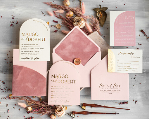 WEDDING INVITATIONS gold / rose gold / silver / glitter Arch Wedding Invitation suite, Blush Pink Golden Wedding Invitations with Rsvp Velvet Pocket, Blush Pink Modern Wedding Cards