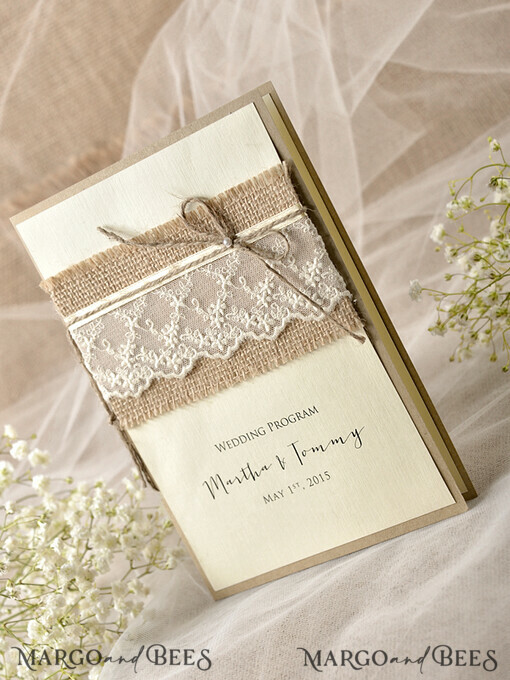 MENU & PROGRAMS rustic Ecru Rustic Wedding Program with Burlap, Barn Wedding Program, Eco Romantic Personalized Cards with Twine, Simple Rustic Lace Wedding Program, Elegant Booklet Rustic Wedding Cards