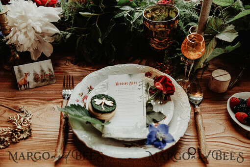 MENU & PROGRAMS rustikal Waldhochzeitsmenü, Aquarell-Bäume-Menü, Bergszene-Waldhochzeitsmenü, Rustikales Tischhochzeitsmenü, Waldgrünes Menü-Karten, Waldhochzeits-Tischdekoration