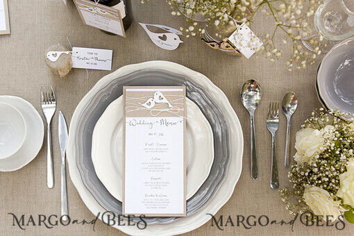 MENU & PROGRAMS rustikal Rustikale Vögel Hochzeitsmenü, Außhochzeitsmenükarten, Romantisches Hochzeitsmenü, Scheunenhochzeitsdinner-Menü, Öko-romantische personalisierte Karten mit Vögeln, Kraft Hochzeit