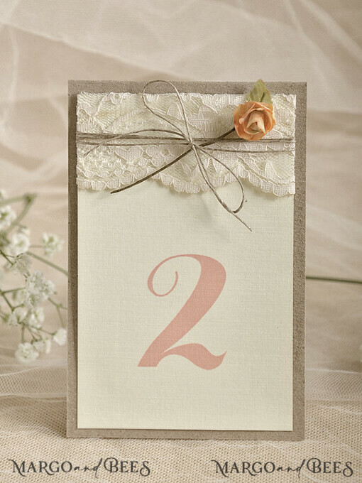 TABLE DECOR SIGNS Wood Eco Rustic Table numbers Rustic Wedding Table Numbers with Natural Twine, Wedding Table Cards, Eco Romantic Personalized Cards with Rose And Leaf decor, Simple Rustic Lace Wedding Table