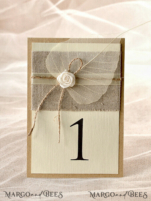 TABLE DECOR SIGNS Wood Eco Rustic Table numbers Rustic Eco Wedding Table Numbers with Burlap Twine, Natural Simple Wedding Table Cards, Personalized Cards with Rose and Leaf, Simple Rustic Wedding Table Décor