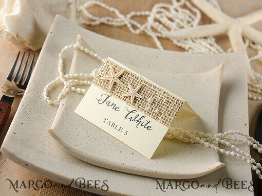 PLACE CARDS / TABLE CARDS Beach/marine/ Destionation Wedding Theme Ivory Marine Wedding Place Card with Starfish and Natural Burlap, Ivory Elegant Marine Name Tags For Your Wedding Tables, Delicate Ecru Wedding Place Cards