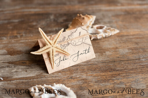 PLACE CARDS / TABLE CARDS Beach/marine/ Destionation Wedding Theme Elegant Marine Wedding Place Cards with Twine, Starfish and Map Graphic, Marine Name Tags for Your Wedding Tables, Destination Travel Wedding Place Tags