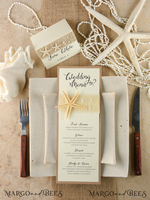 MENU & PROGRAMS Beach/marine/ Destionation Wedding Theme Romantic Blue Beach Wedding Menu, Destination Wedding Menu with Raffia Twine, Deckle-edge Marine Menu Cards, Sea Ocean Wedding Menu, Unique Shell Wedding Menu