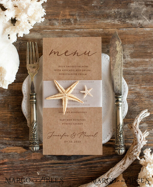 MENU & PROGRAMS Beach/marine/ Destionation Wedding Theme Romantic Beach Wedding Menu, Destination Wedding Menu with Vellum Belly Band and Starfish, Marine Menu Cards, Sea Ocean Wedding Menu, Unique Shell Wedding Menu