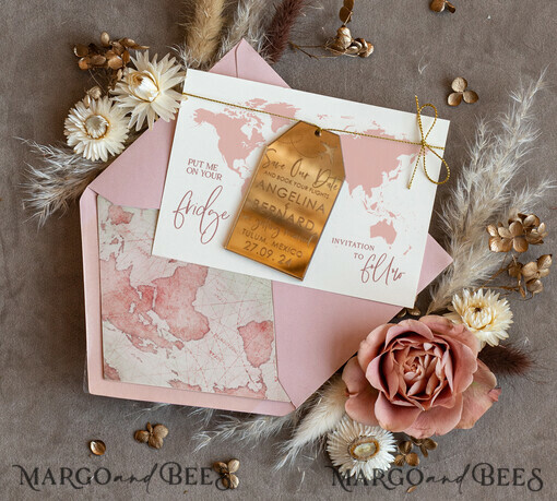 SAVE THE DATES beach travel magnets Personalised Travel Save the Date Acrylic Tag Magnet and Card, Gold Blush Pink Luggage Tag Wedding Save The Dates Acrylic Magnets,  Save The Date Cards