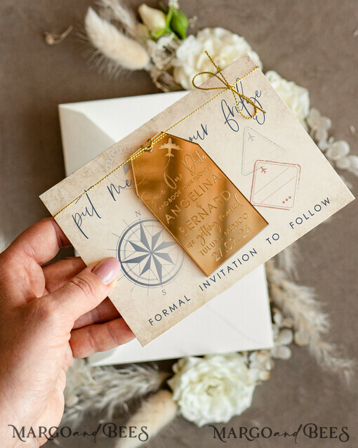 SAVE THE DATES beach travel magnets Gold Save the Date Acrylic Tag Magnet and Card, Travel Gold Tag Wedding Save The Dates Acrylic Magnets,  Save The Date Cards
