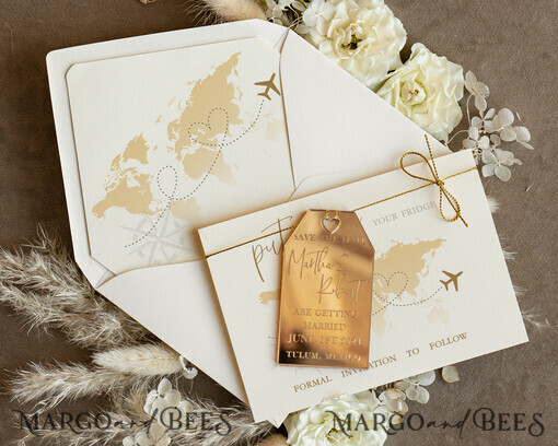 SAVE THE DATES beach travel magnets Personalised Travel Save the Date Acrylic Tag Magnet and Card, Gold Tag Wedding Save The Dates Acrylic Magnets,  Save The Date Cards