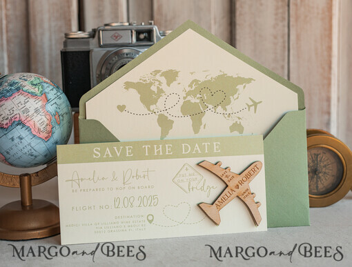 SAVE THE DATES beach travel magnets Sage green  Wooden airplane magnet Save The Date Cards  boardingpass travel airplane save the dates destination wedding magnets